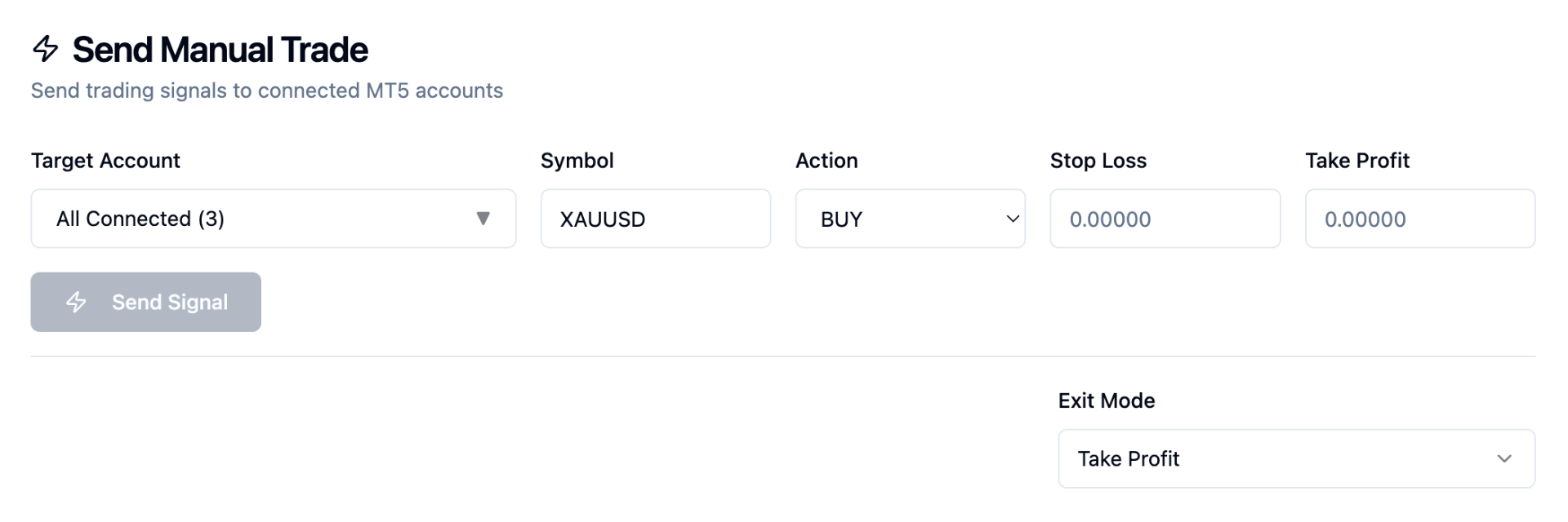 Send Manual Trade form showing Target Account, Symbol, Action, Stop Loss, Take Profit fields and Exit Mode dropdown