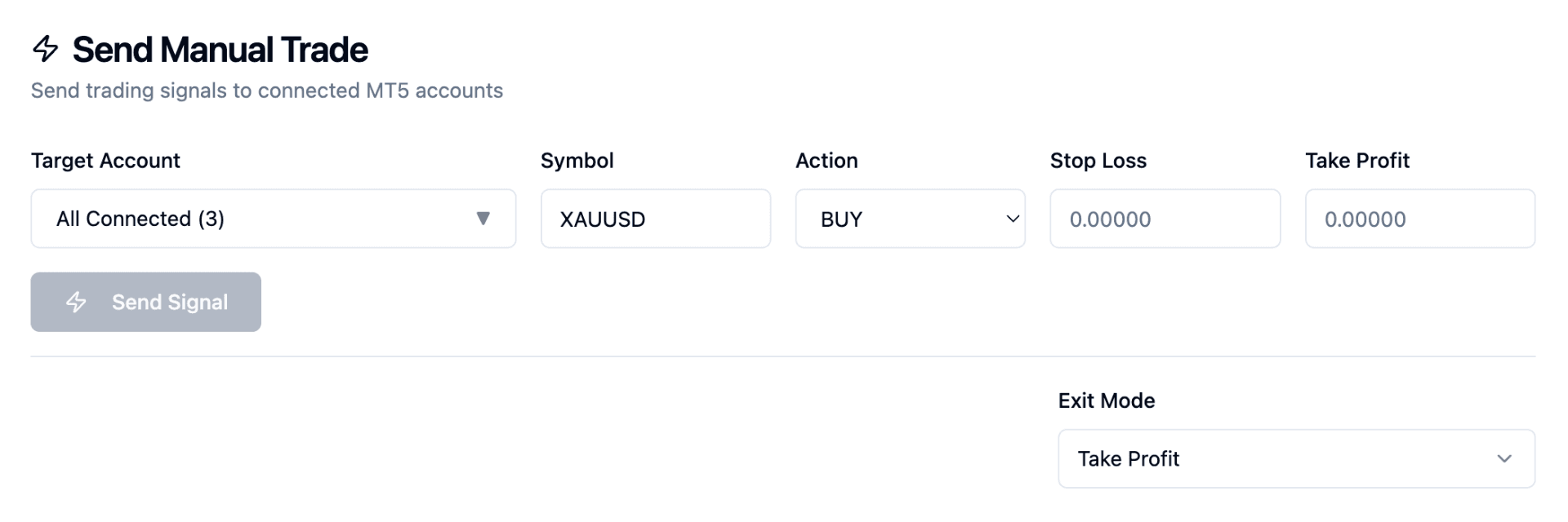 Send Manual Trade form showing Target Account, Symbol, Action, Stop Loss, Take Profit fields and Exit Mode dropdown