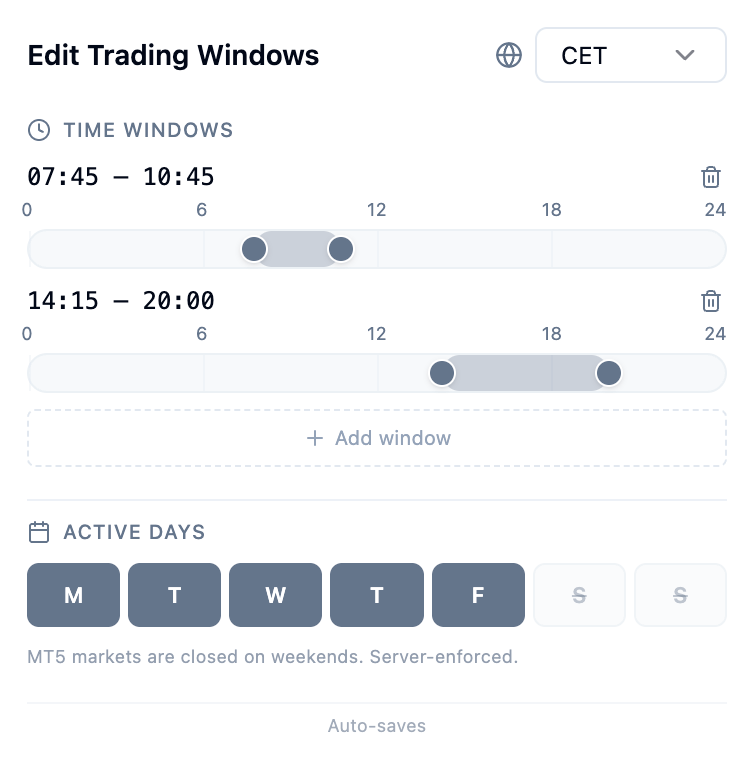 Edit Trading Windows panel showing time windows, Add window button, active days toggles, and timezone selector