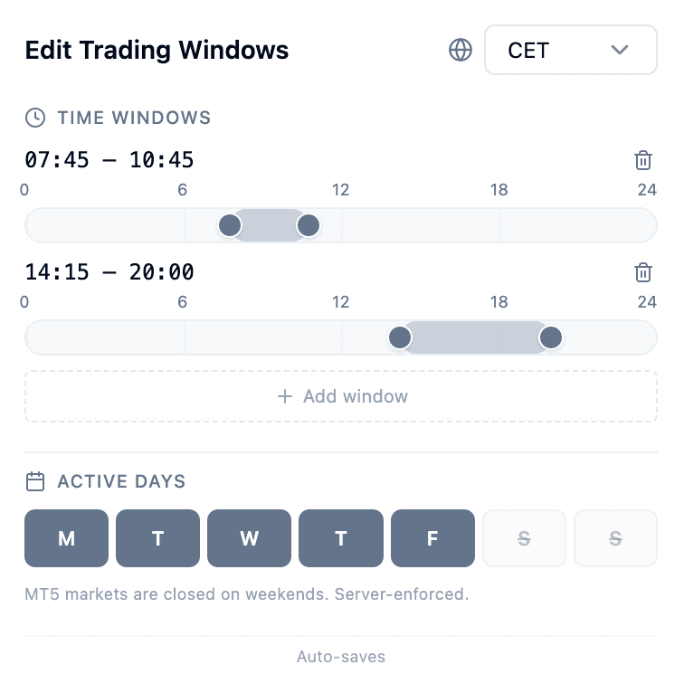 Edit Trading Windows panel showing time windows, Add window button, active days toggles, and timezone selector